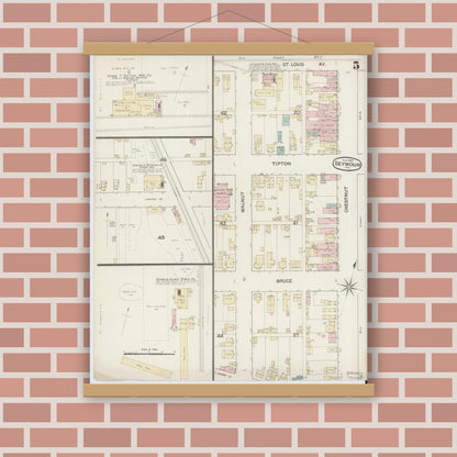 Old map wall art mockup — magnetic wood frame on brick wall — Sanborn Fire Insurance Map from Seymour, Jackson County, Indiana (1887), Sheet #0005
