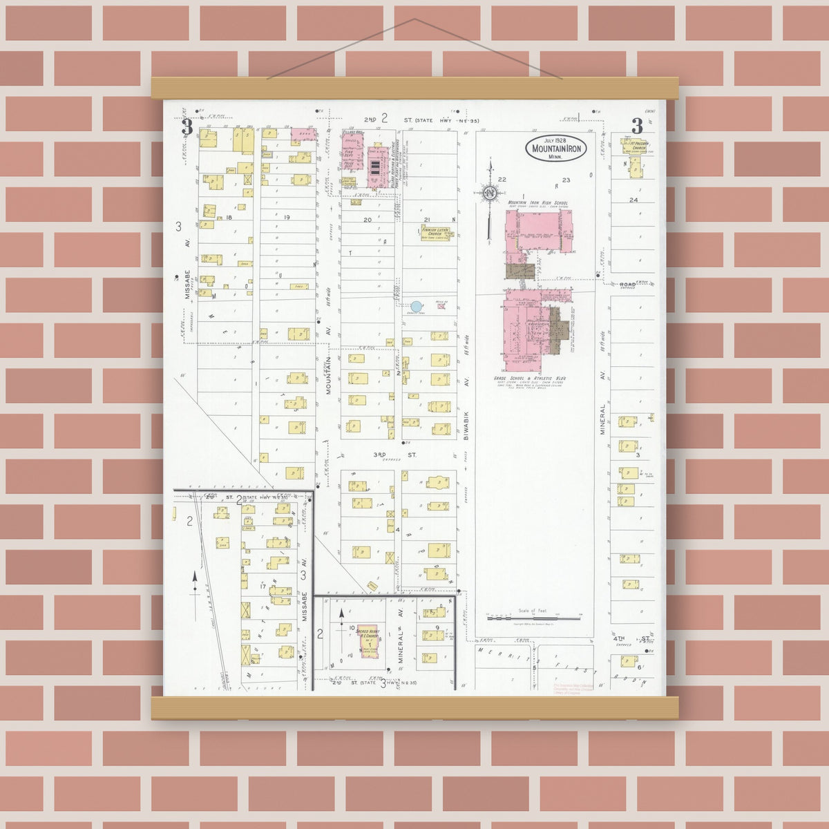 Old map wall art mockup — magnetic wood frame on brick wall — Sanborn Fire Insurance Map from Mountain Iron, Saint Louis County, Minnesota (1928), Sheet #0003