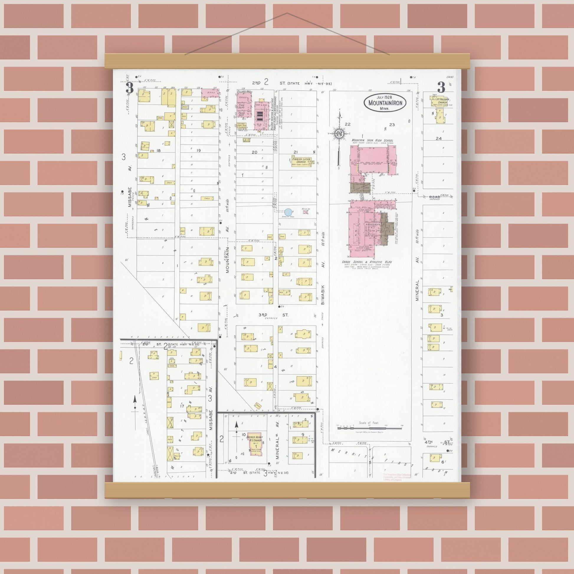 Old map wall art mockup — magnetic wood frame on brick wall — Sanborn Fire Insurance Map from Mountain Iron, Saint Louis County, Minnesota (1928), Sheet #0003