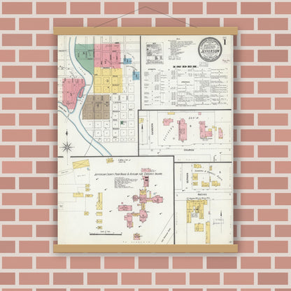 Old map wall art mockup — magnetic wood frame on brick wall — Sanborn Fire Insurance Map from Jefferson, Jefferson County, Wisconsin (1904), Sheet #0001