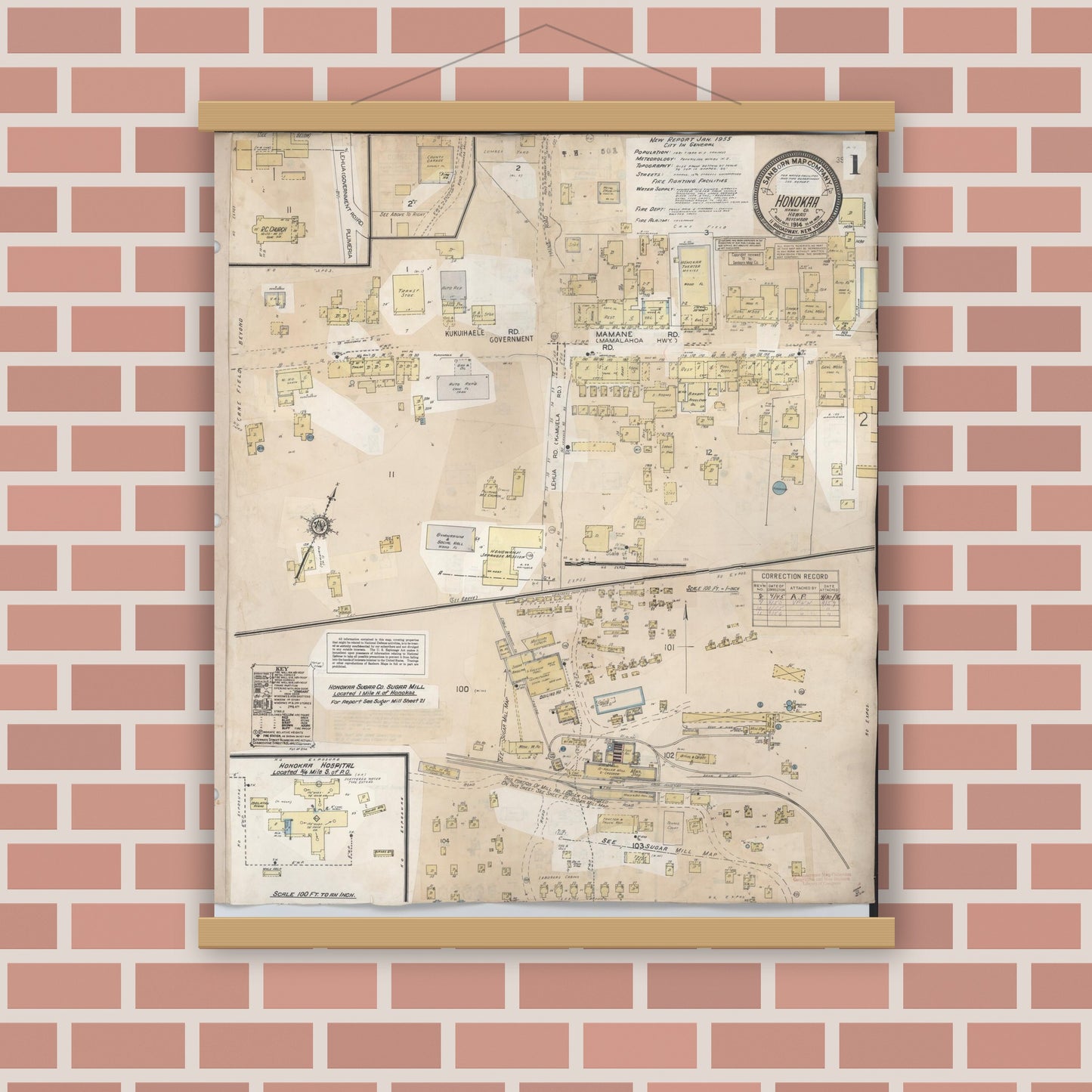 Old map wall art mockup — magnetic wood frame on brick wall — Sanborn Fire Insurance Map from Honokaa, Hawaii County, Hawaii (1956), Sheet #0001