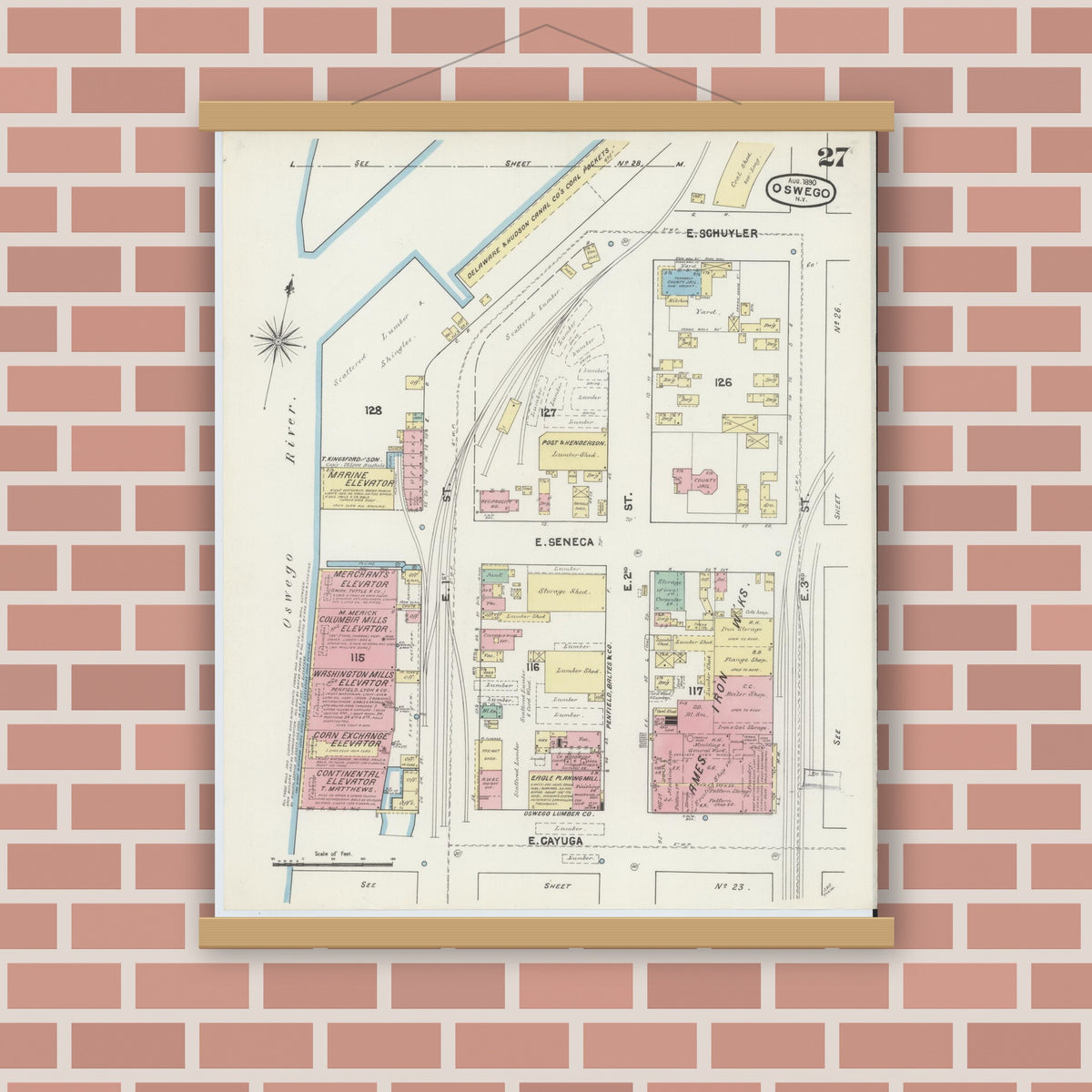 Old map wall art mockup — magnetic wood frame on brick wall — Sanborn Fire Insurance Map from Oswego, Oswego County, New York (1890), Sheet #0027