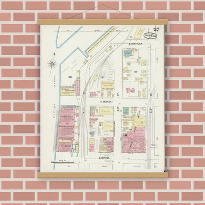 Old map wall art mockup — magnetic wood frame on brick wall — Sanborn Fire Insurance Map from Oswego, Oswego County, New York (1890), Sheet #0027