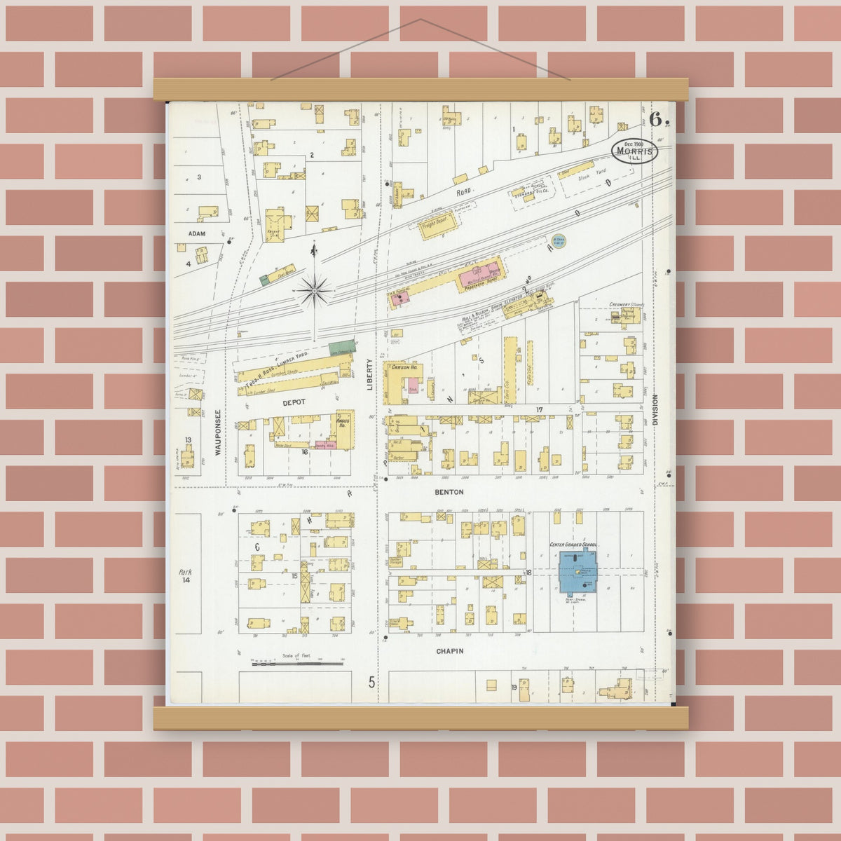 Old map wall art mockup — magnetic wood frame on brick wall — Sanborn Fire Insurance Map from Morris, Grundy County, Illinois (1900), Sheet #0006