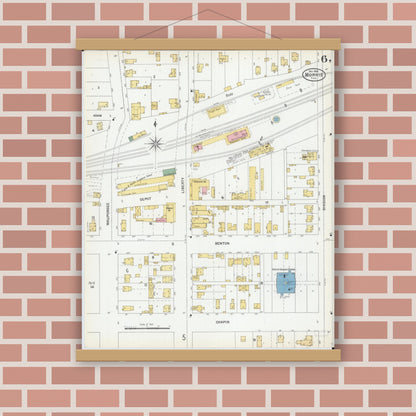 Old map wall art mockup — magnetic wood frame on brick wall — Sanborn Fire Insurance Map from Morris, Grundy County, Illinois (1900), Sheet #0006