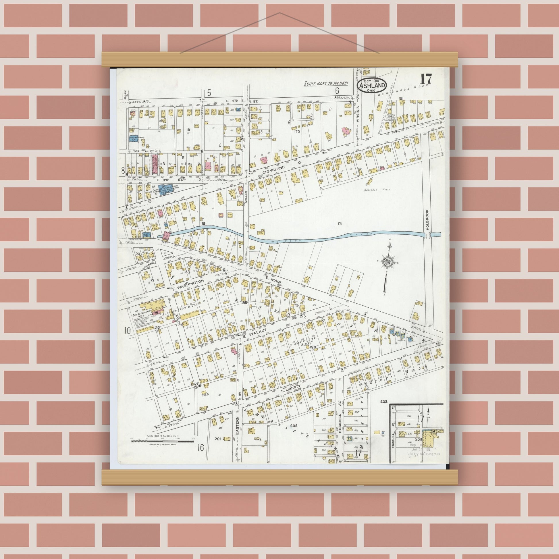 Old map wall art mockup — magnetic wood frame on brick wall — Sanborn Fire Insurance Map from Ashland, Ashland County, Ohio (1919), Sheet #0017