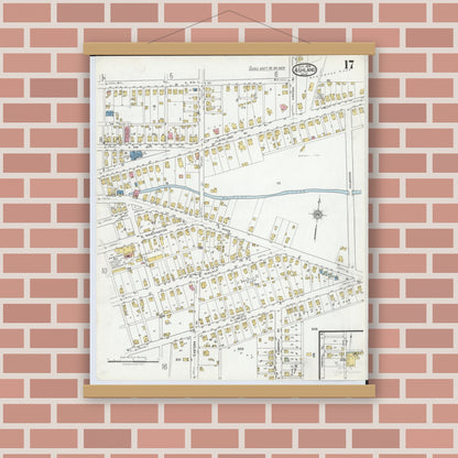 Old map wall art mockup — magnetic wood frame on brick wall — Sanborn Fire Insurance Map from Ashland, Ashland County, Ohio (1919), Sheet #0017