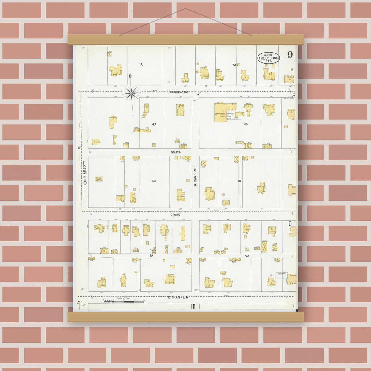 Old map wall art mockup — magnetic wood frame on brick wall — Sanborn Fire Insurance Map from Hillsboro, Hill County, Texas (1900), Sheet #0009