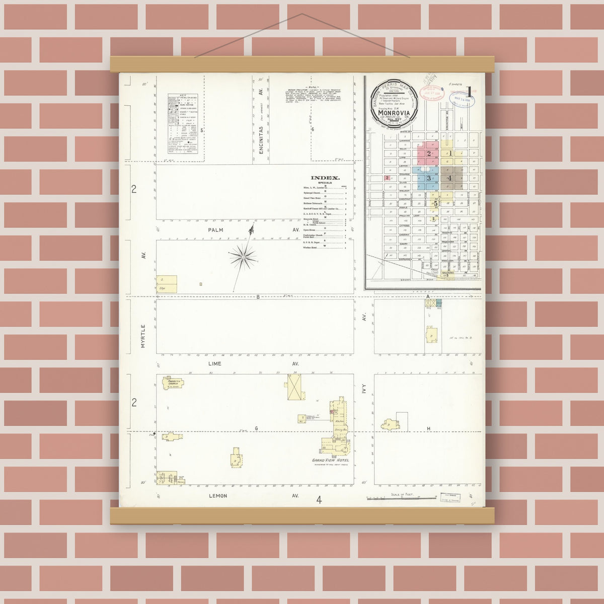 Old map wall art mockup — magnetic wood frame on brick wall — Sanborn Fire Insurance Map from Monrovia, Los Angeles County, California (1897), Sheet #0001