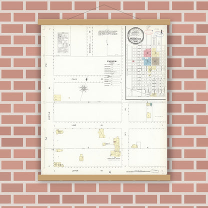 Old map wall art mockup — magnetic wood frame on brick wall — Sanborn Fire Insurance Map from Monrovia, Los Angeles County, California (1897), Sheet #0001