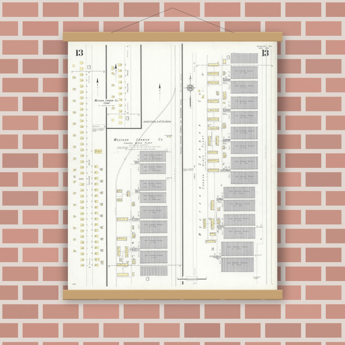 Old map wall art mockup — magnetic wood frame on brick wall — Sanborn Fire Insurance Map from Borger, Hutchinson County, Texas (1933), Sheet #0013