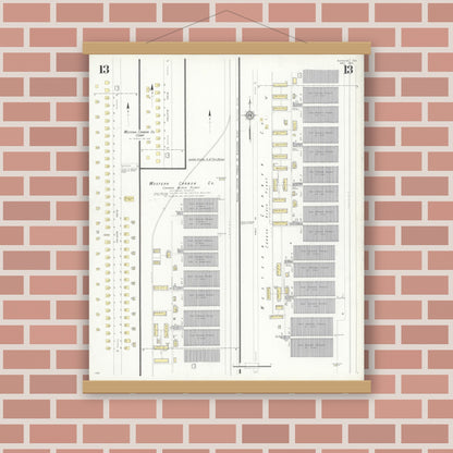 Old map wall art mockup — magnetic wood frame on brick wall — Sanborn Fire Insurance Map from Borger, Hutchinson County, Texas (1933), Sheet #0013