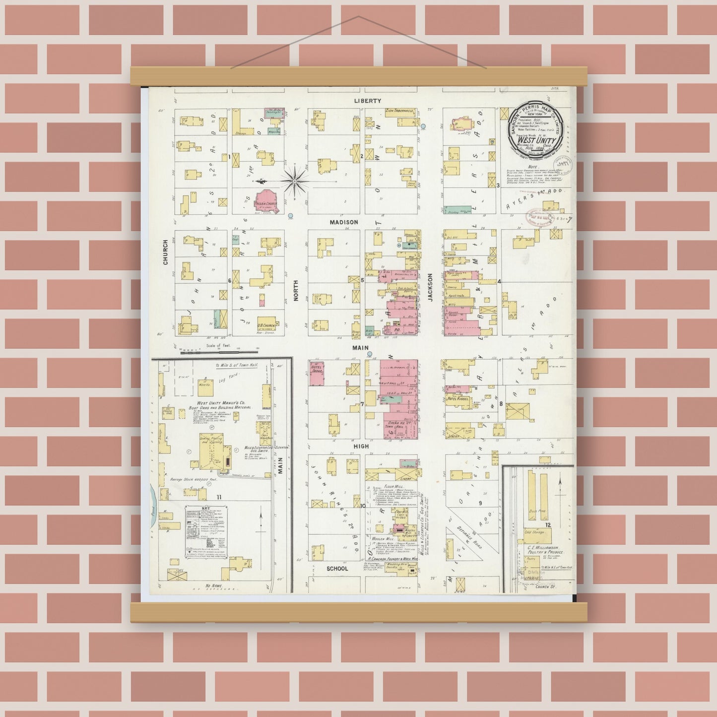Old map wall art mockup — magnetic wood frame on brick wall — Sanborn Fire Insurance Map from West Unity, Williams County, Ohio (1899), Sheet #0001