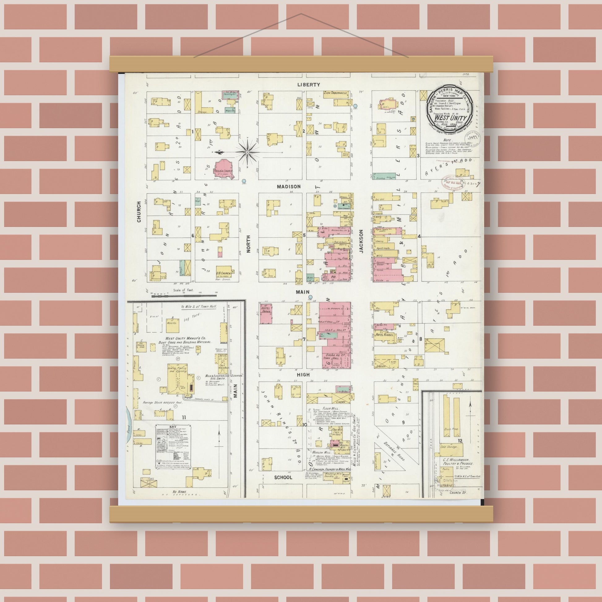 Old map wall art mockup — magnetic wood frame on brick wall — Sanborn Fire Insurance Map from West Unity, Williams County, Ohio (1899), Sheet #0001