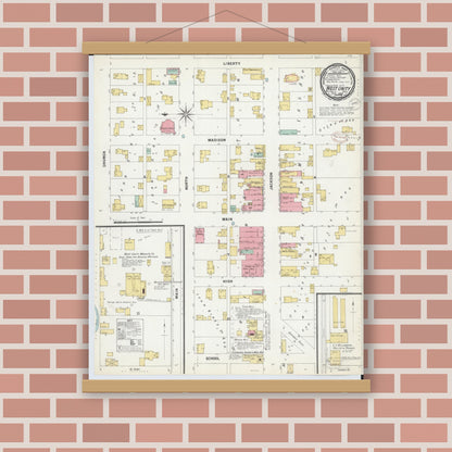 Old map wall art mockup — magnetic wood frame on brick wall — Sanborn Fire Insurance Map from West Unity, Williams County, Ohio (1899), Sheet #0001