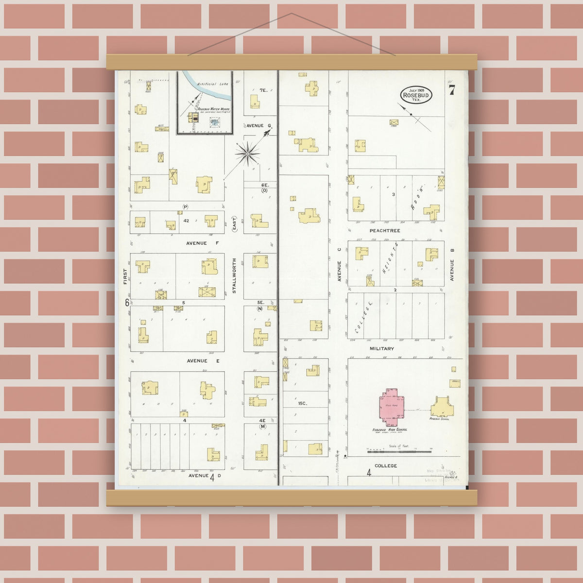 Old map wall art mockup — magnetic wood frame on brick wall — Sanborn Fire Insurance Map from Rosebud, Falls County, Texas (1909), Sheet #0007