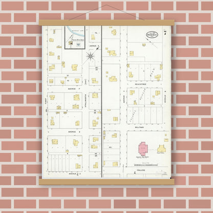Old map wall art mockup — magnetic wood frame on brick wall — Sanborn Fire Insurance Map from Rosebud, Falls County, Texas (1909), Sheet #0007