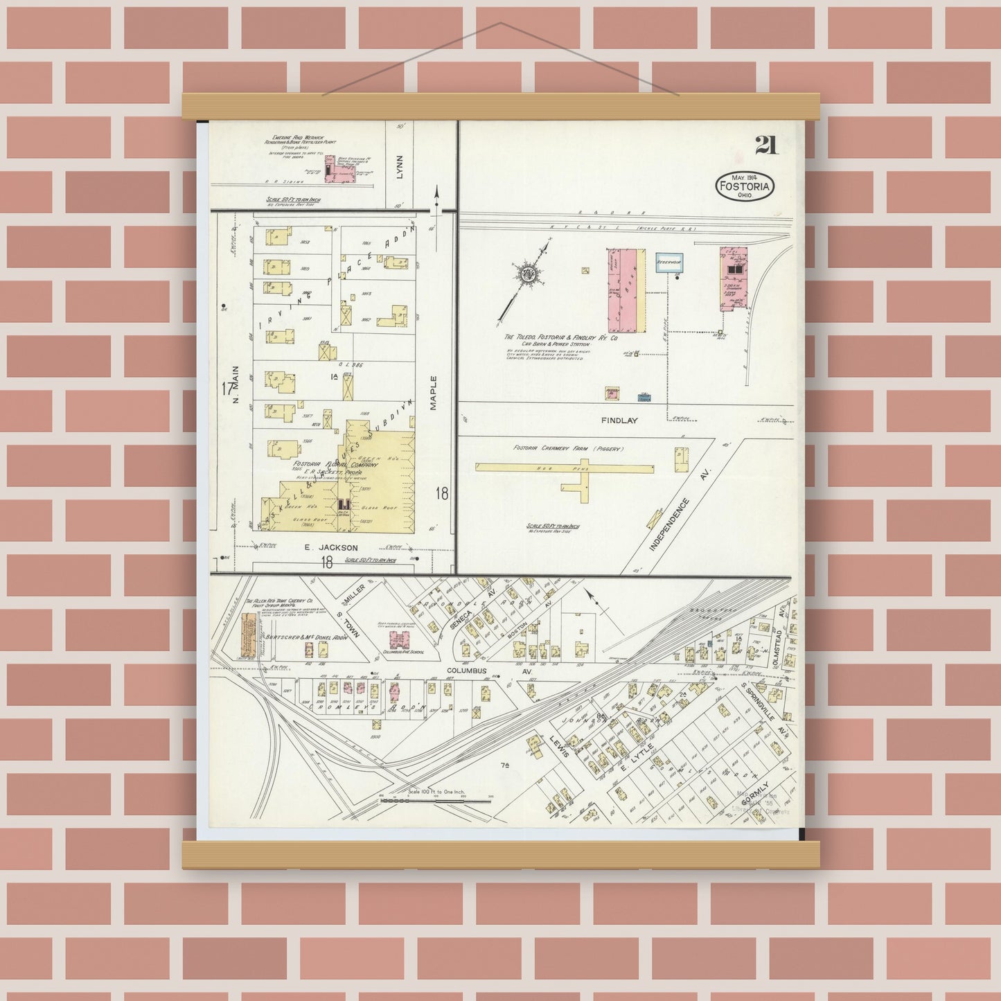 Old map wall art mockup — magnetic wood frame on brick wall — Sanborn Fire Insurance Map from Fostoria, Seneca, Hancock, And Wood Counties, Ohio (1914), Sheet #0021