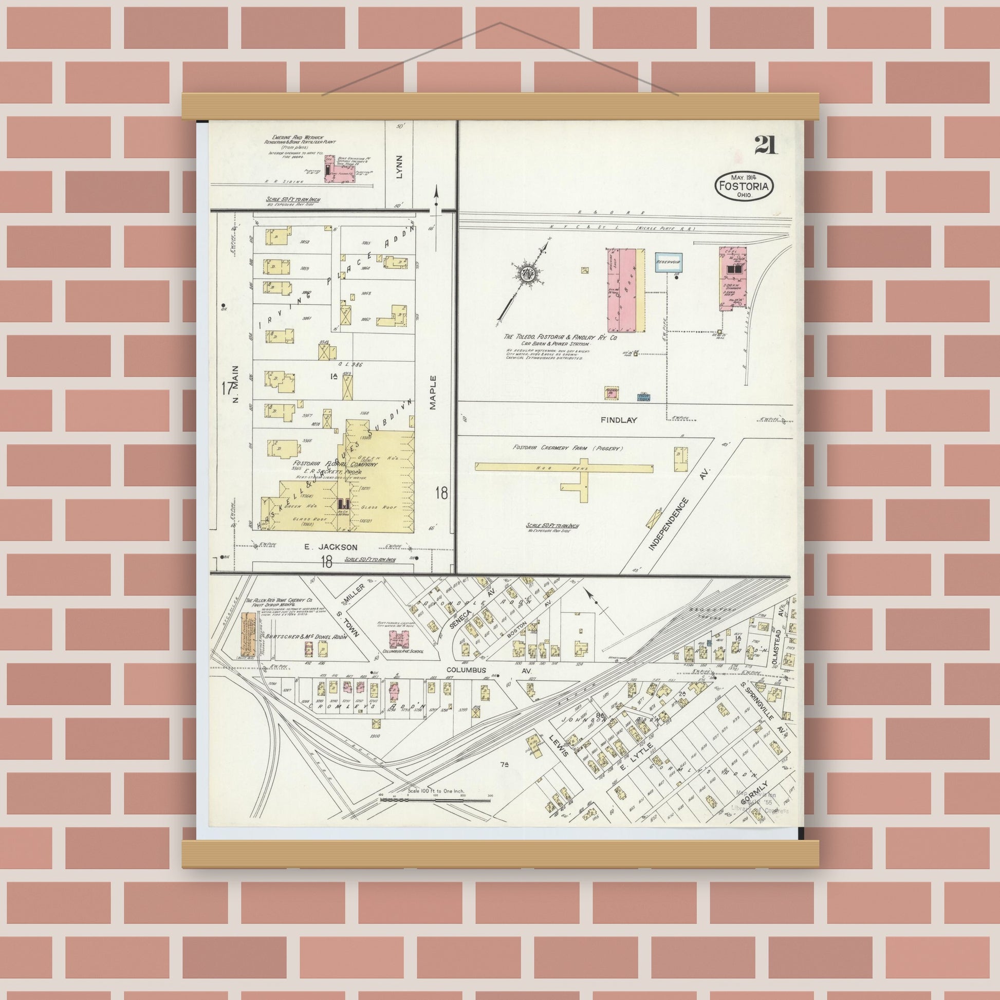 Old map wall art mockup — magnetic wood frame on brick wall — Sanborn Fire Insurance Map from Fostoria, Seneca, Hancock, And Wood Counties, Ohio (1914), Sheet #0021
