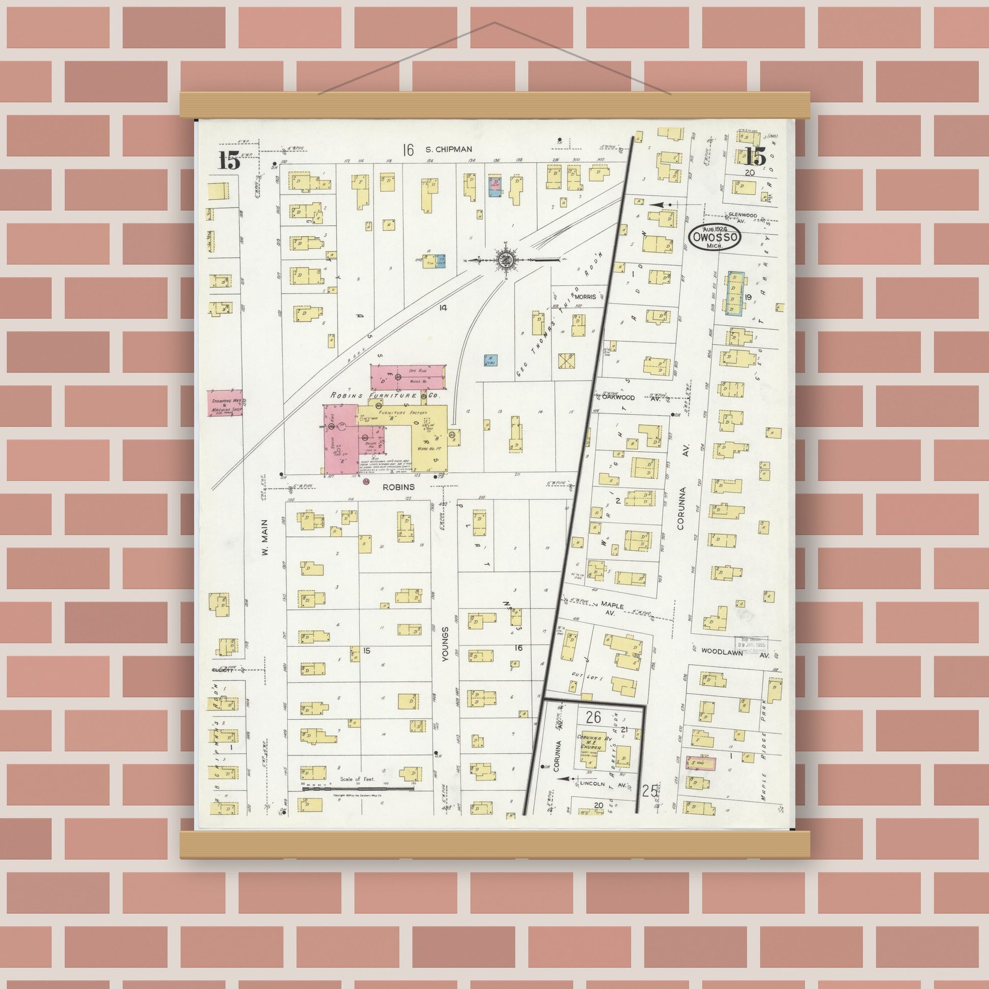 Old map wall art mockup — magnetic wood frame on brick wall — Sanborn Fire Insurance Map from Owosso, Shiawassee County, Michigan (1924), Sheet #0015