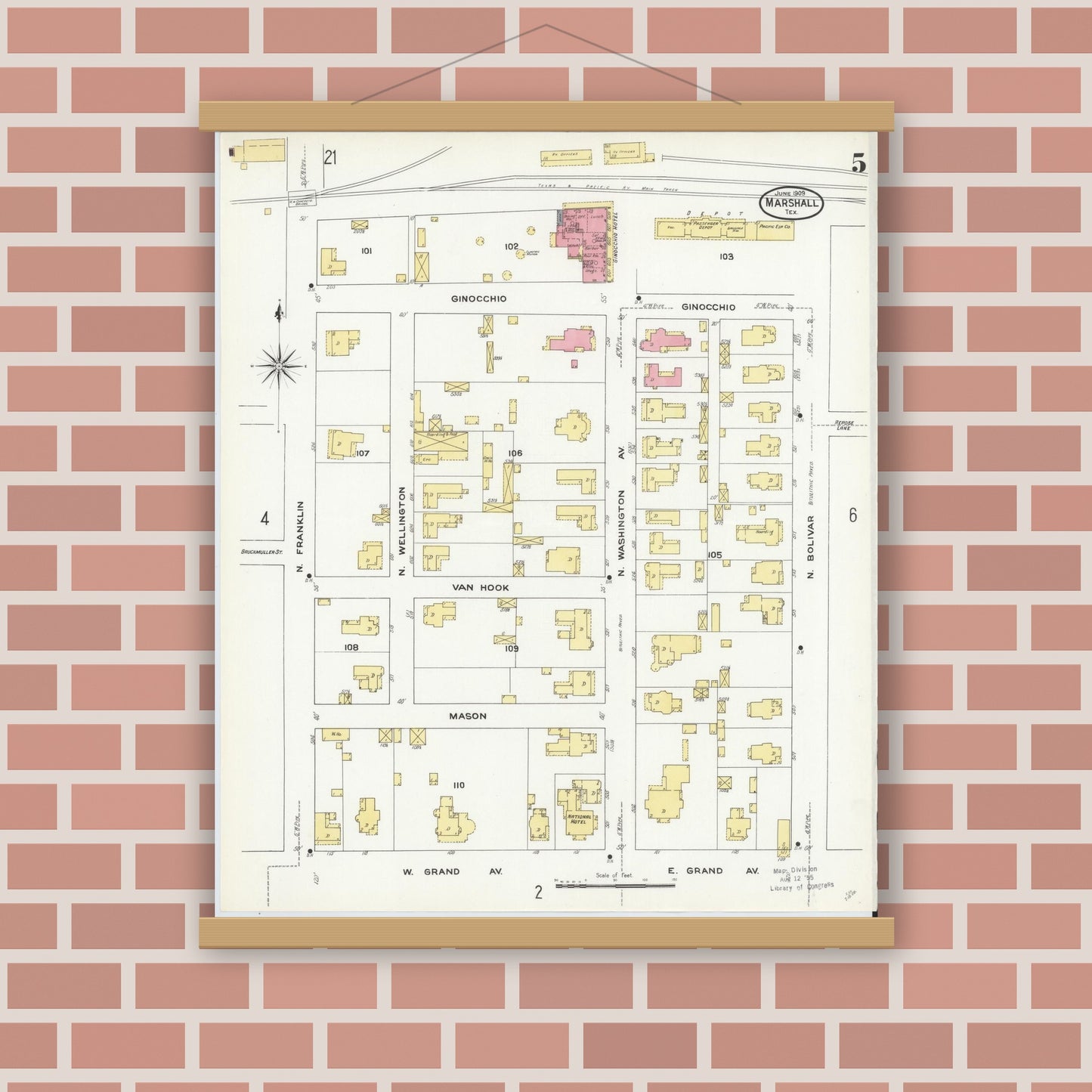 Old map wall art mockup — magnetic wood frame on brick wall — Sanborn Fire Insurance Map from Marshall, Harrison County, Texas (1909), Sheet #0005