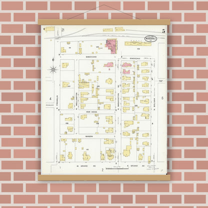 Old map wall art mockup — magnetic wood frame on brick wall — Sanborn Fire Insurance Map from Marshall, Harrison County, Texas (1909), Sheet #0005