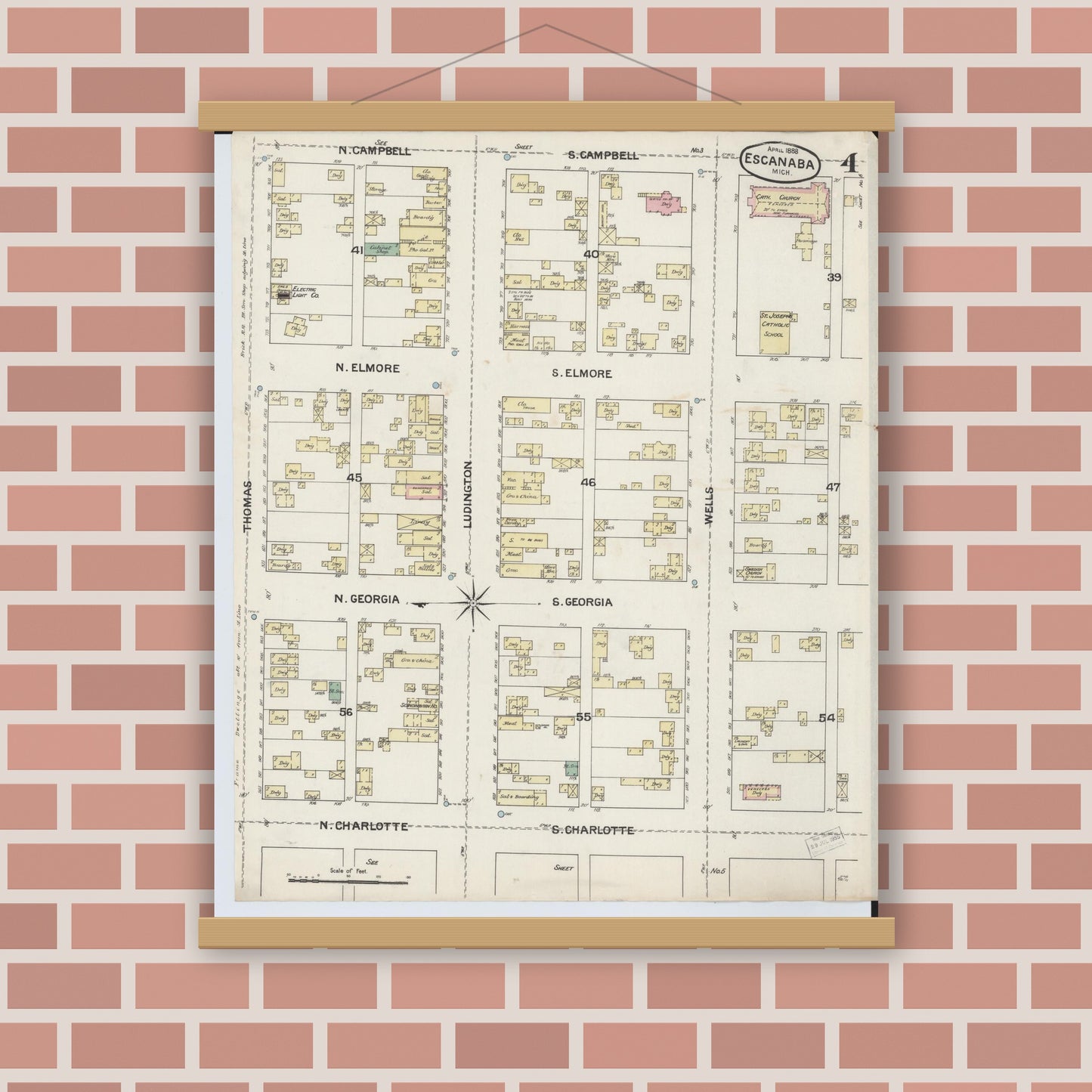 Old map wall art mockup — magnetic wood frame on brick wall — Sanborn Fire Insurance Map from Escanaba, Delta County, Michigan (1888), Sheet #0004