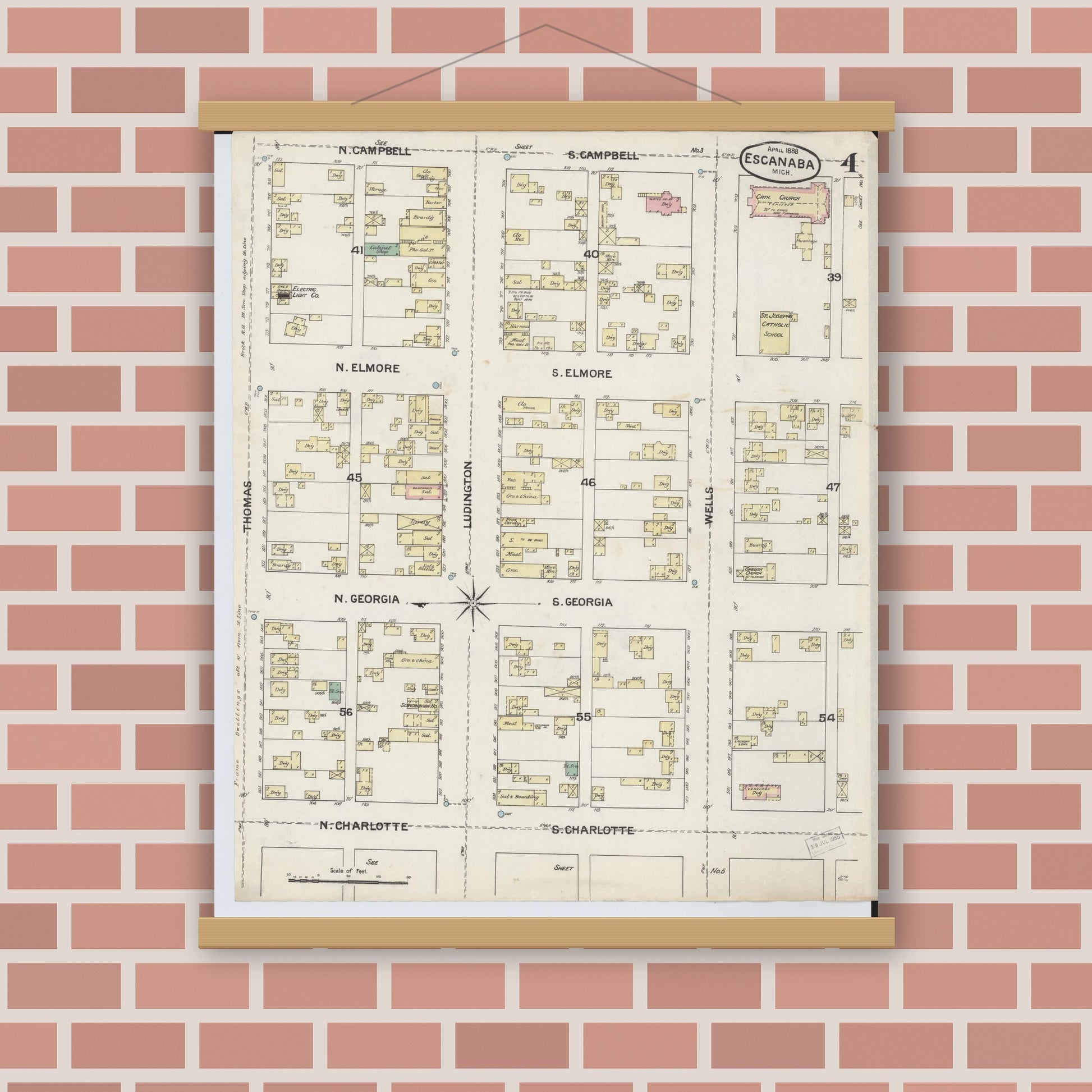 Old map wall art mockup — magnetic wood frame on brick wall — Sanborn Fire Insurance Map from Escanaba, Delta County, Michigan (1888), Sheet #0004