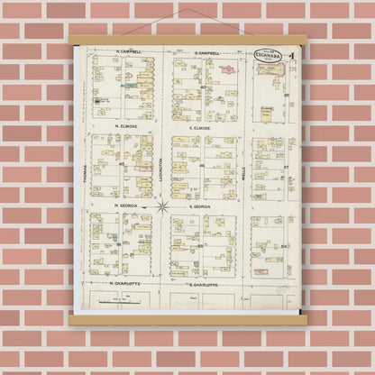 Old map wall art mockup — magnetic wood frame on brick wall — Sanborn Fire Insurance Map from Escanaba, Delta County, Michigan (1888), Sheet #0004