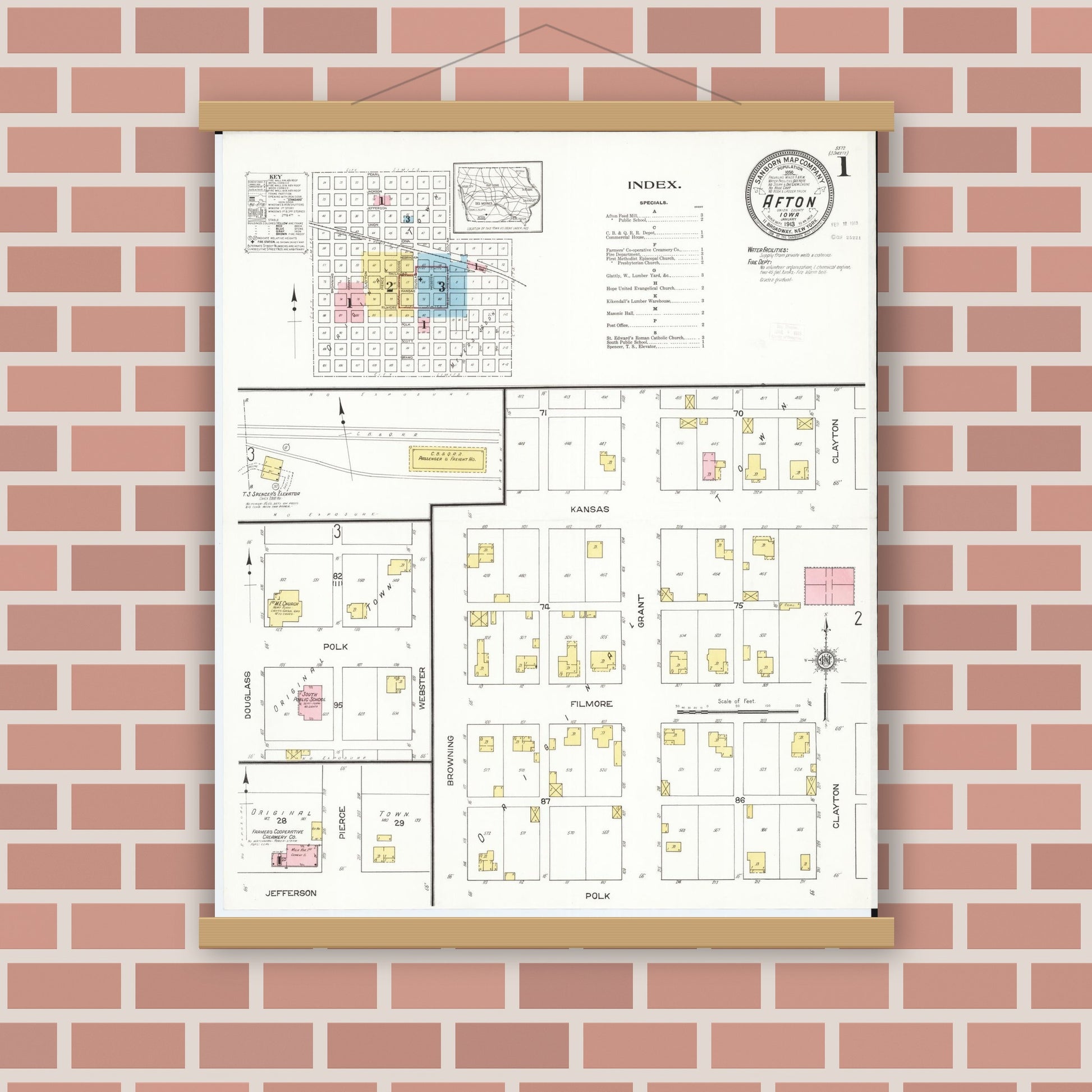 Old map wall art mockup — magnetic wood frame on brick wall — Sanborn Fire Insurance Map from Afton, Union County, Iowa (1913) â€” Complete Set