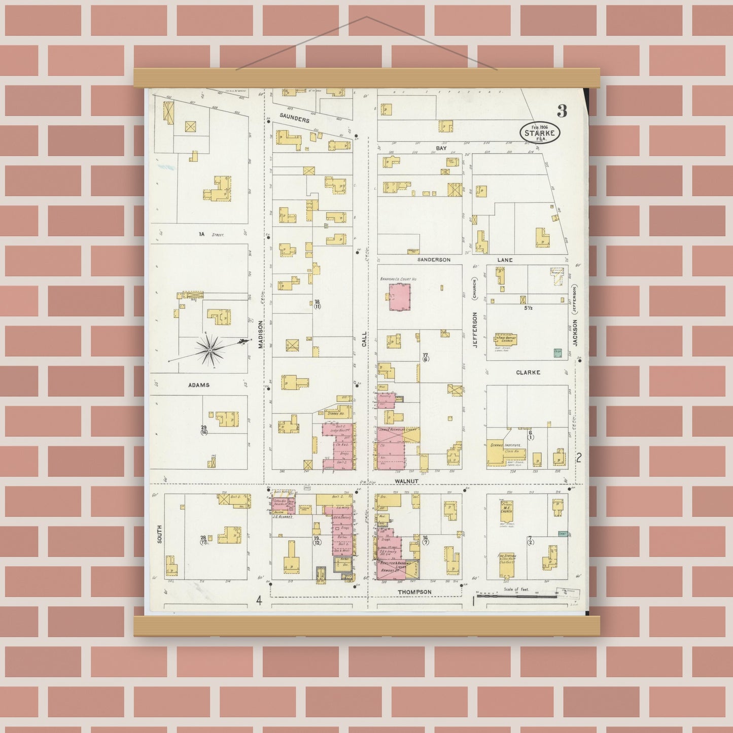 Old map wall art mockup — magnetic wood frame on brick wall — Sanborn Fire Insurance Map from Starke, Bradford County, Florida (1906), Sheet #0003