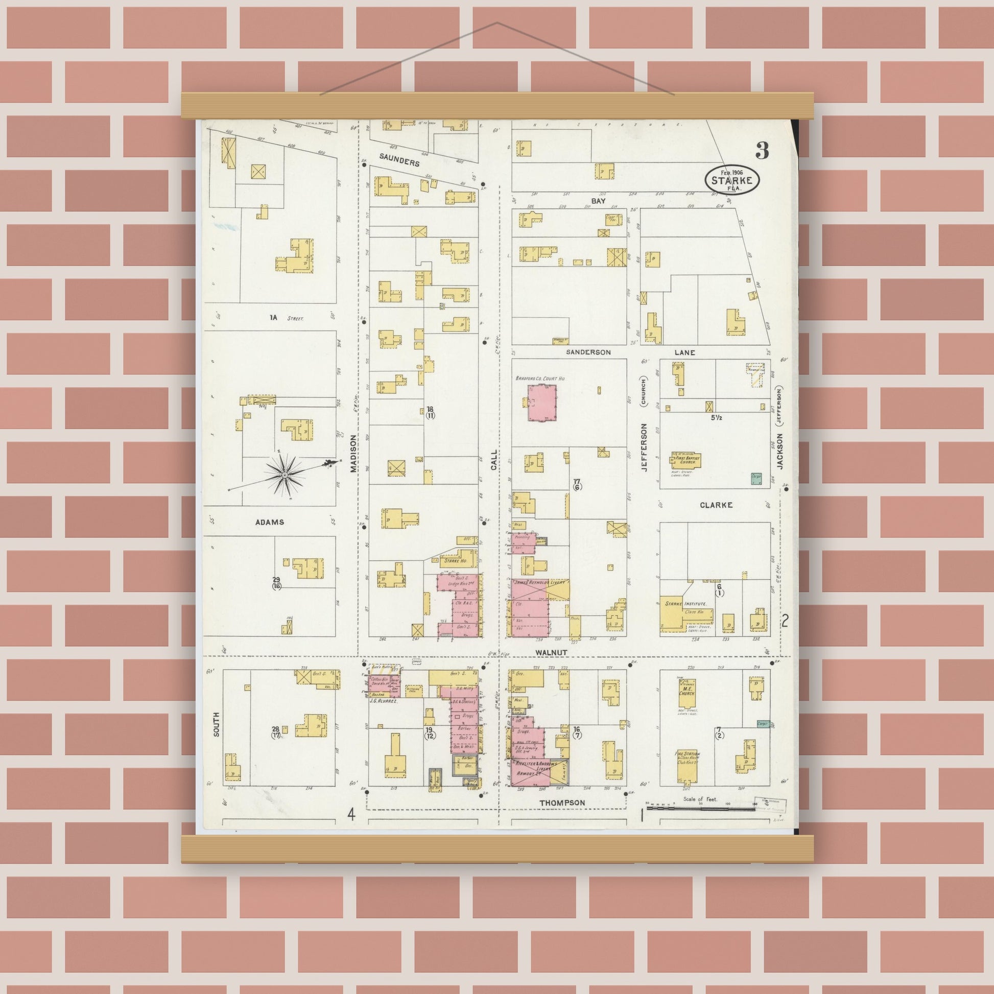 Old map wall art mockup — magnetic wood frame on brick wall — Sanborn Fire Insurance Map from Starke, Bradford County, Florida (1906), Sheet #0003