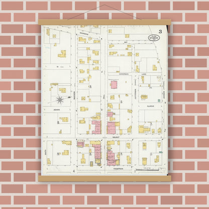 Old map wall art mockup — magnetic wood frame on brick wall — Sanborn Fire Insurance Map from Starke, Bradford County, Florida (1906), Sheet #0003