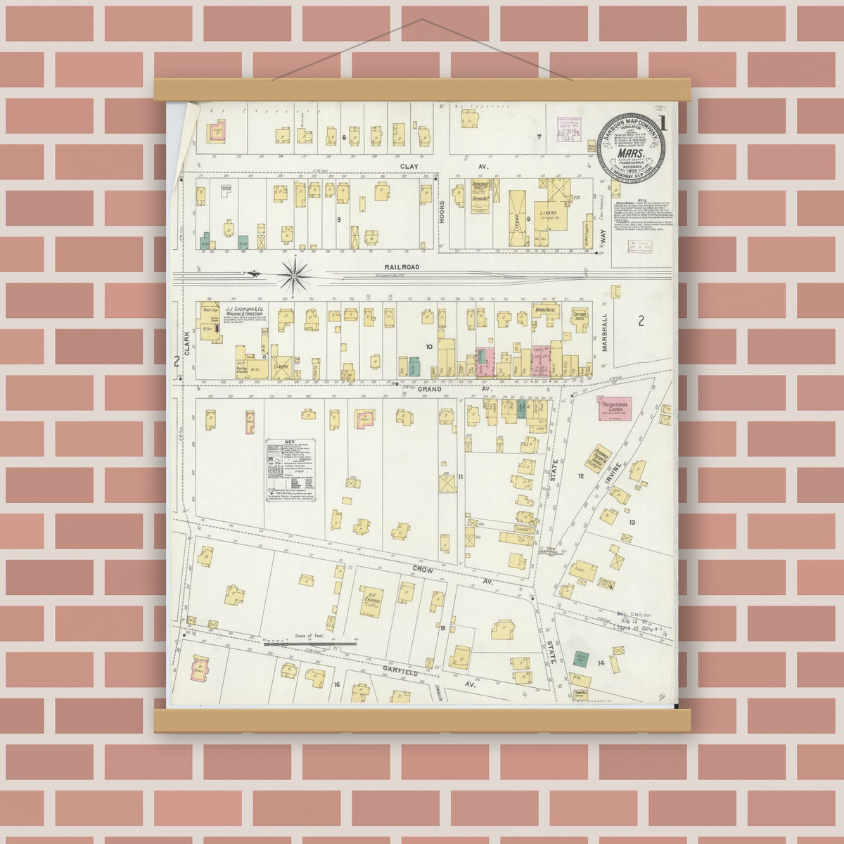 Old map wall art mockup — magnetic wood frame on brick wall — Sanborn Fire Insurance Map from Mars, Butler County, Pennsylvania (1905) - Complete Map Set