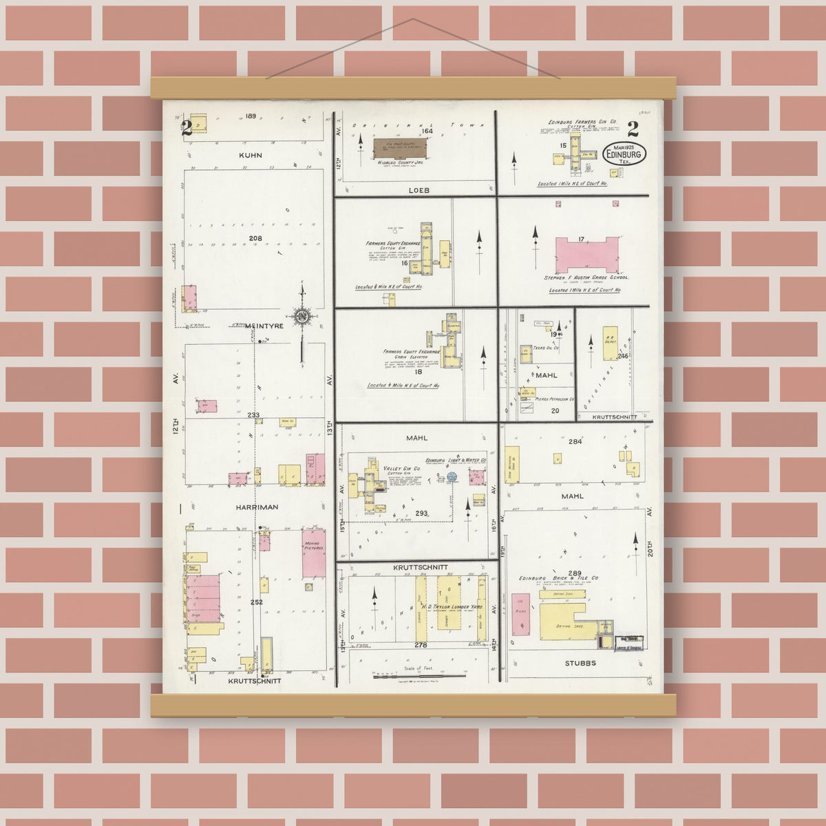 Old map wall art mockup — magnetic wood frame on brick wall — Sanborn Fire Insurance Map from Edinburg, Hidalgo County, Texas (1925), Sheet #0002