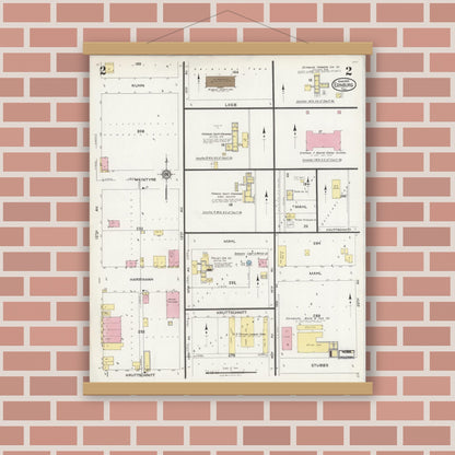 Old map wall art mockup — magnetic wood frame on brick wall — Sanborn Fire Insurance Map from Edinburg, Hidalgo County, Texas (1925), Sheet #0002