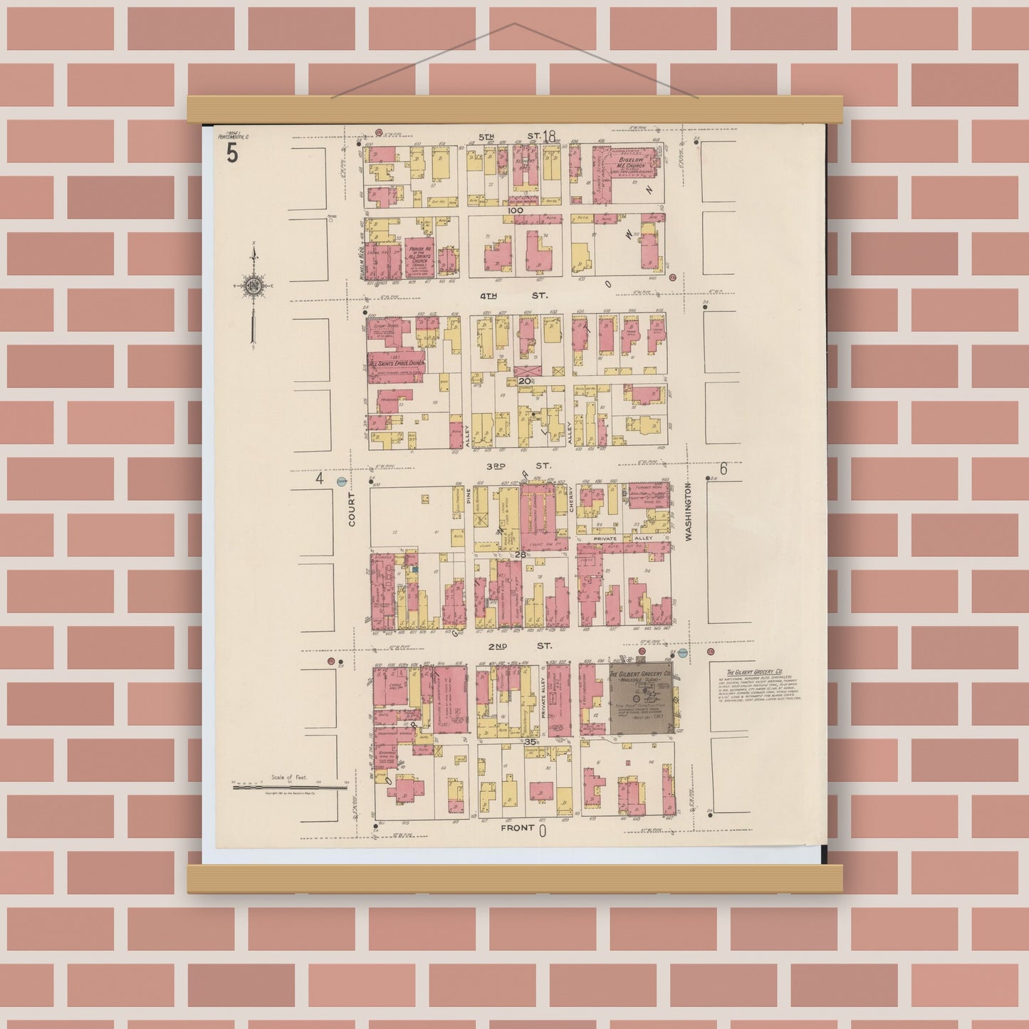 Old map wall art mockup — magnetic wood frame on brick wall — Sanborn Fire Insurance Map from Portsmouth, Scioto County, Ohio (1921), Sheet #0005