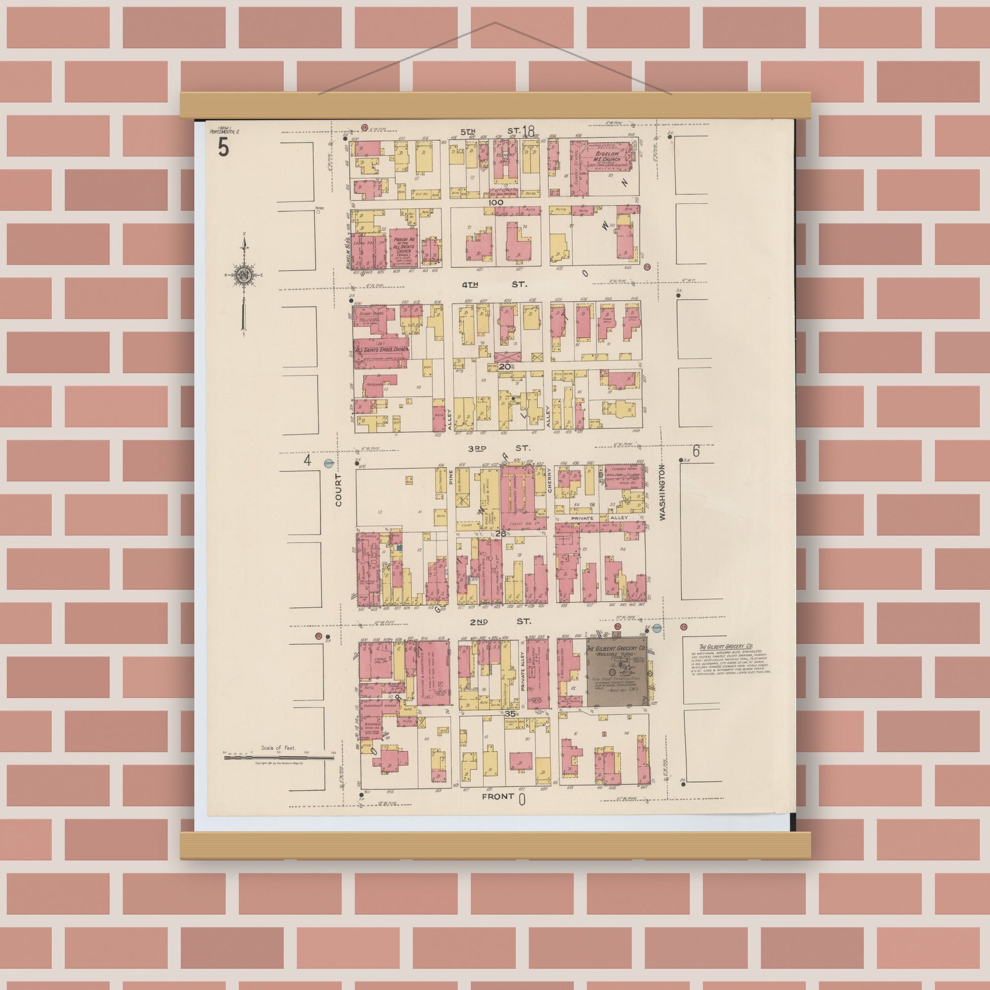 Old map wall art mockup — magnetic wood frame on brick wall — Sanborn Fire Insurance Map from Portsmouth, Scioto County, Ohio (1921), Sheet #0005