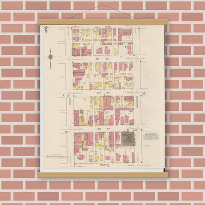 Old map wall art mockup — magnetic wood frame on brick wall — Sanborn Fire Insurance Map from Portsmouth, Scioto County, Ohio (1921), Sheet #0005