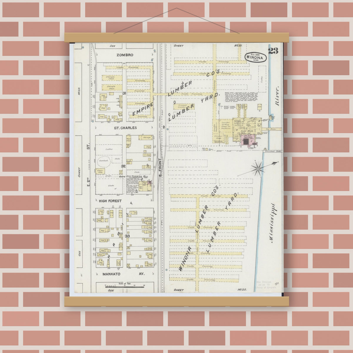 Old map wall art mockup — magnetic wood frame on brick wall — Sanborn Fire Insurance Map from Winona, Winona County, Minnesota (1889), Sheet #0023
