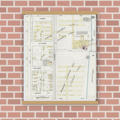 Old map wall art mockup — magnetic wood frame on brick wall — Sanborn Fire Insurance Map from Winona, Winona County, Minnesota (1889), Sheet #0023