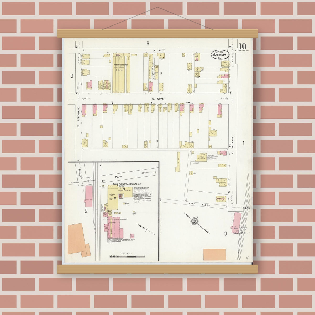 Old map wall art mockup — magnetic wood frame on brick wall — Sanborn Fire Insurance Map from Manheim, Lancaster County, Pennsylvania (1912), Sheet #0010