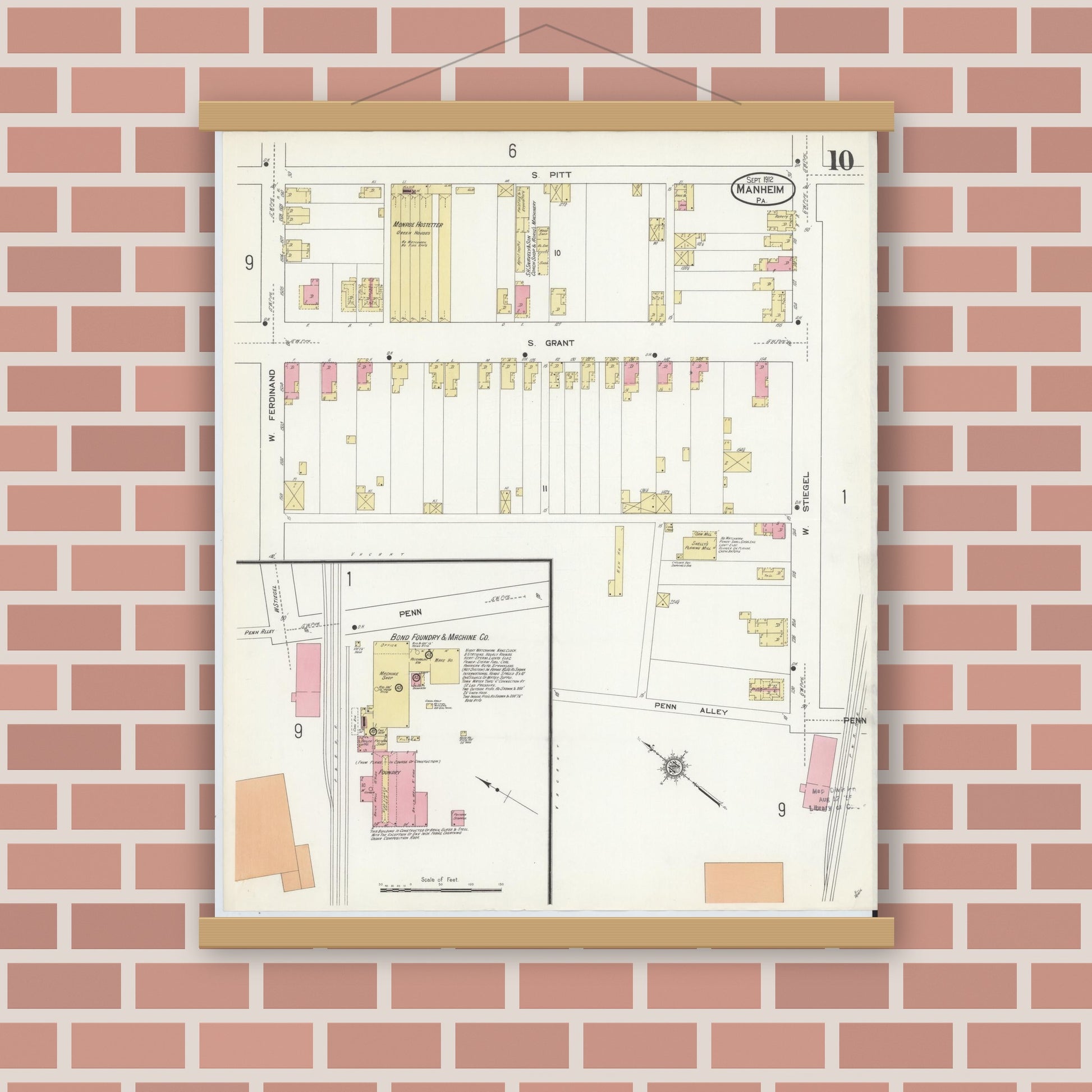 Old map wall art mockup — magnetic wood frame on brick wall — Sanborn Fire Insurance Map from Manheim, Lancaster County, Pennsylvania (1912), Sheet #0010