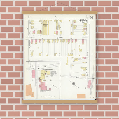 Old map wall art mockup — magnetic wood frame on brick wall — Sanborn Fire Insurance Map from Manheim, Lancaster County, Pennsylvania (1912), Sheet #0010