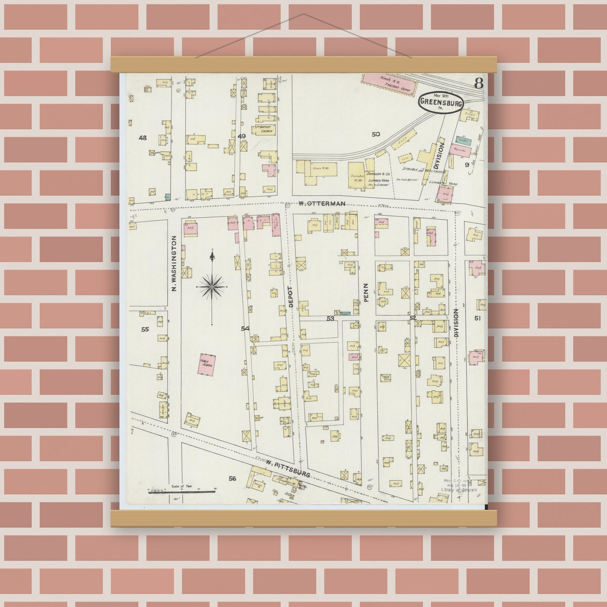 Old map wall art mockup — magnetic wood frame on brick wall — Sanborn Fire Insurance Map from Greensburg, Westmoreland County, Pennsylvania (1891), Sheet #0008