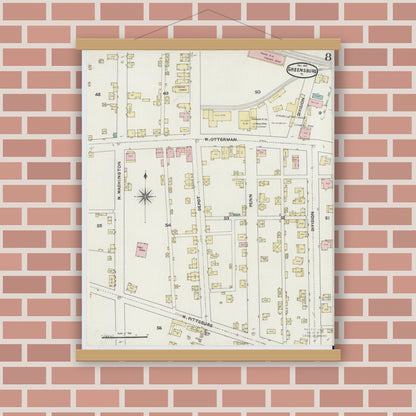 Old map wall art mockup — magnetic wood frame on brick wall — Sanborn Fire Insurance Map from Greensburg, Westmoreland County, Pennsylvania (1891), Sheet #0008