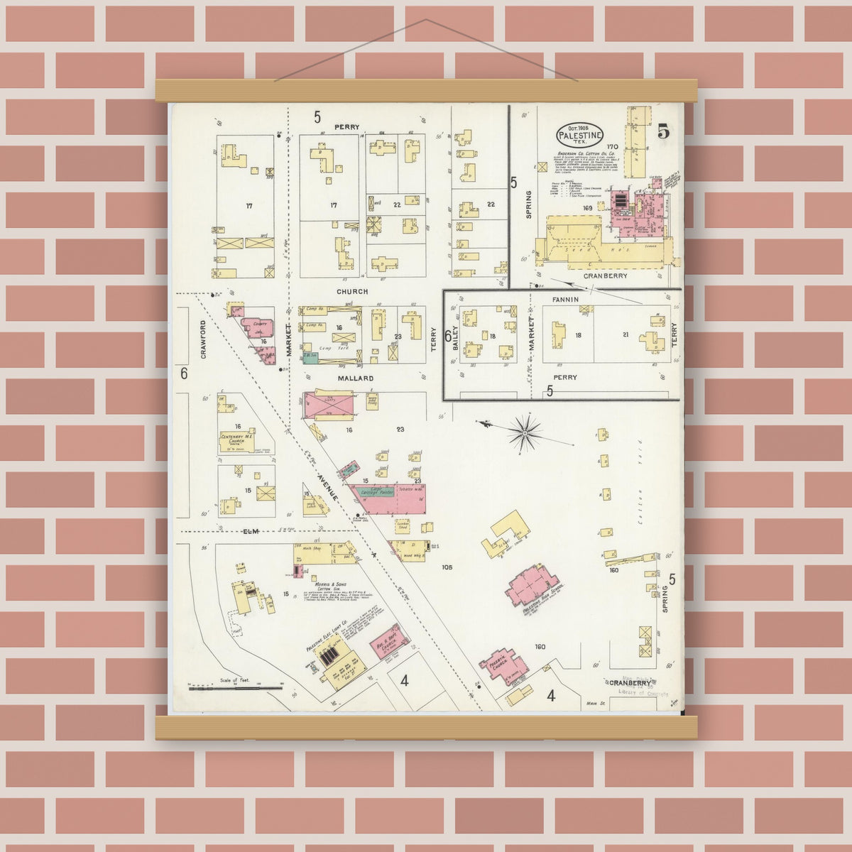 Old map wall art mockup — magnetic wood frame on brick wall — Sanborn Fire Insurance Map from Palestine, Anderson County, Texas (1905), Sheet #0005