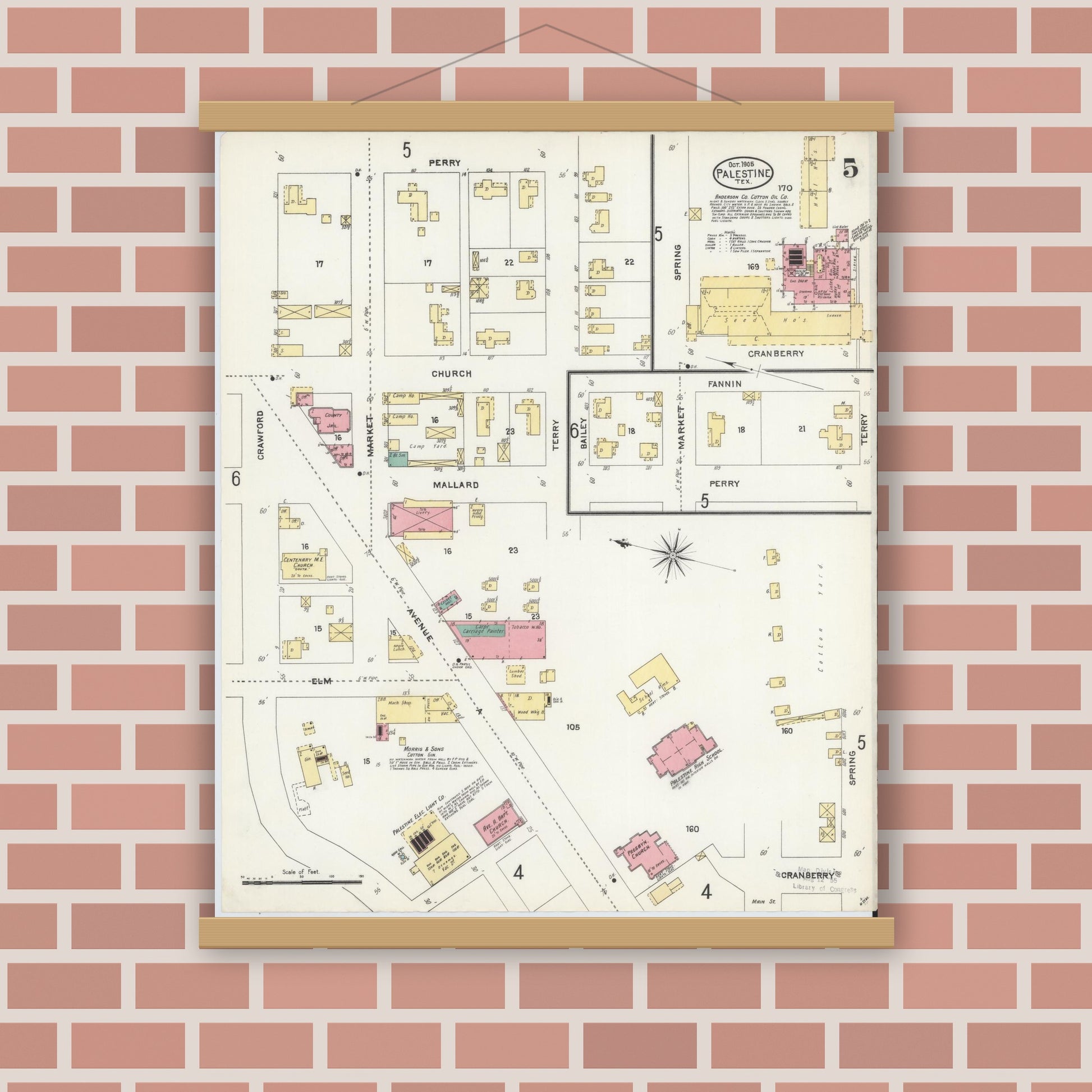 Old map wall art mockup — magnetic wood frame on brick wall — Sanborn Fire Insurance Map from Palestine, Anderson County, Texas (1905), Sheet #0005