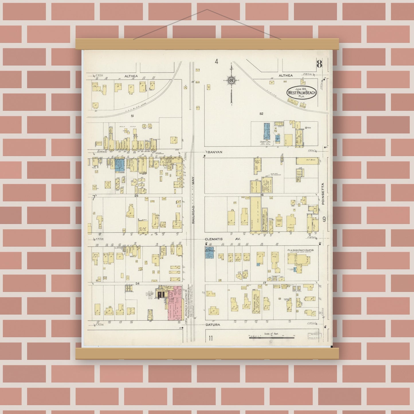 Old map wall art mockup — magnetic wood frame on brick wall — Sanborn Fire Insurance Map from West Palm Beach, Dade County, Florida (1915), Sheet #0008