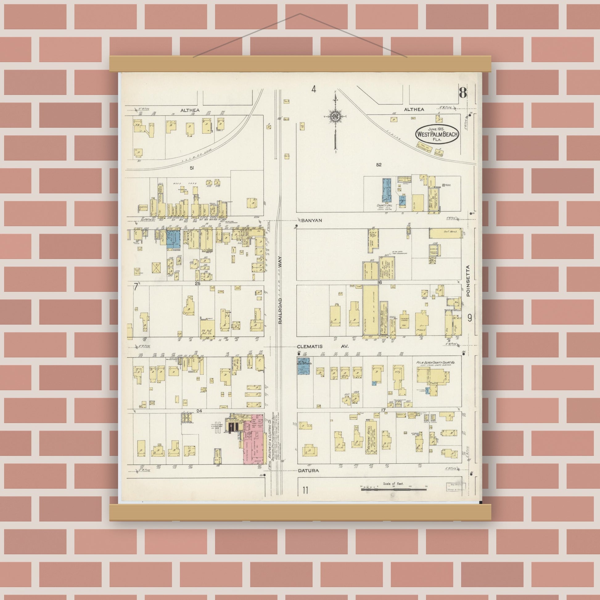 Old map wall art mockup — magnetic wood frame on brick wall — Sanborn Fire Insurance Map from West Palm Beach, Dade County, Florida (1915), Sheet #0008